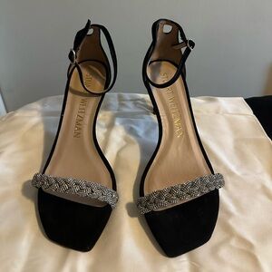 Stuart Weitzman Black Crystal-Braided Front Strap Ankle-Strap Sandals